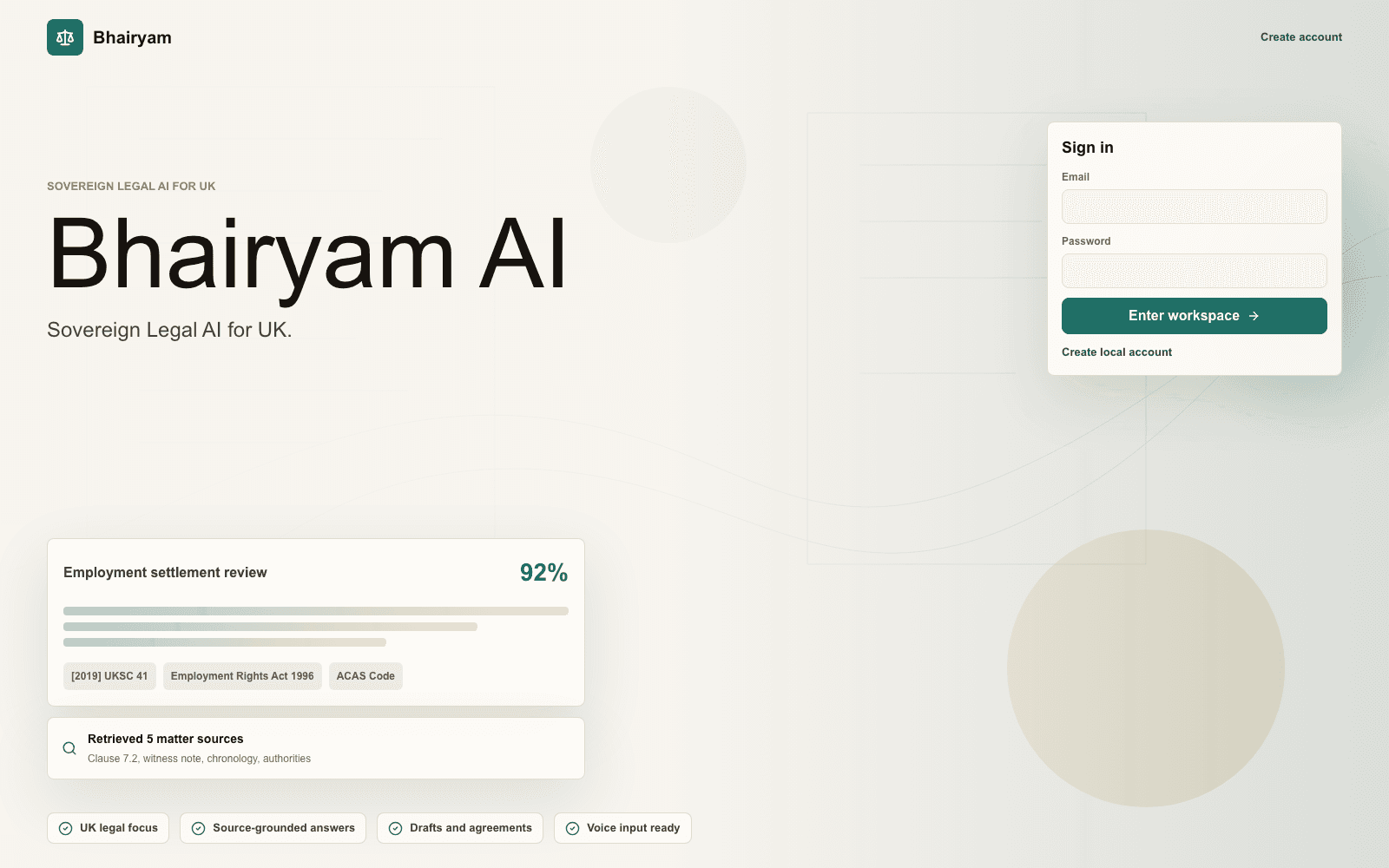 Bhairyam AI sovereign legal AI landing page