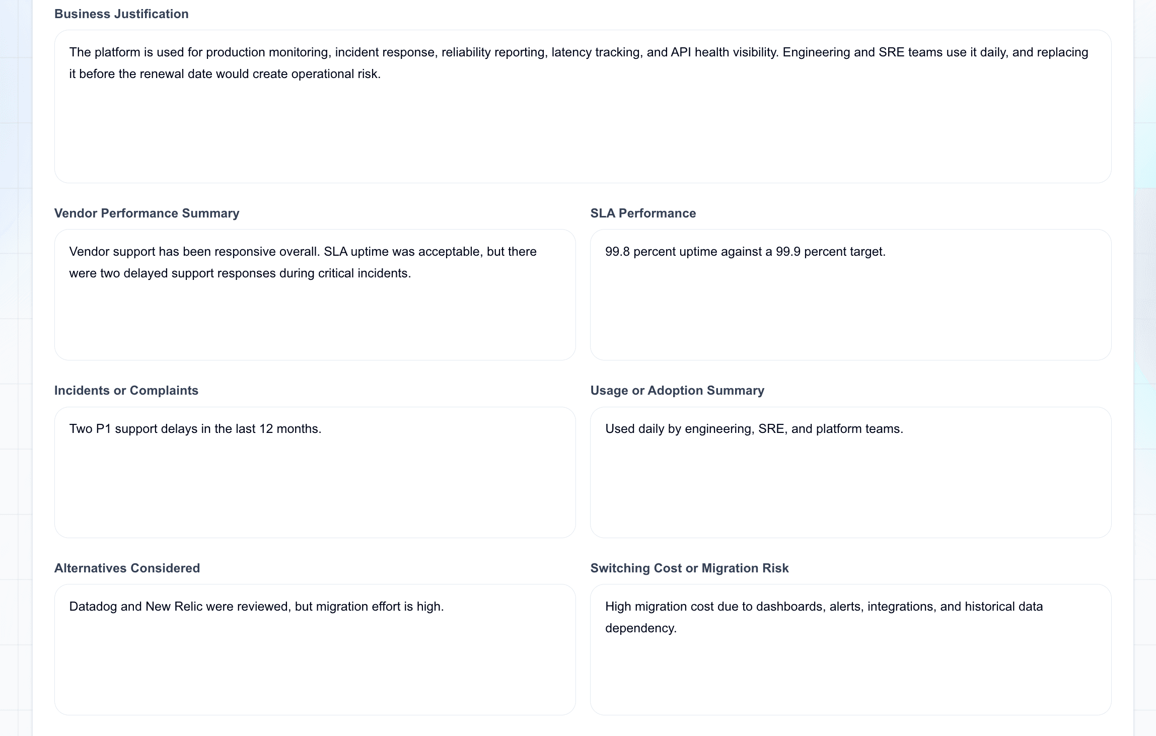 Contract renewal request form middle section with business and vendor performance context