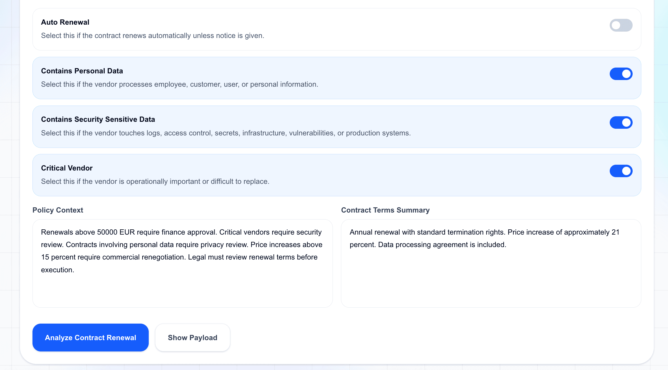 Contract renewal request form bottom section with risk toggles policy context and contract terms summary