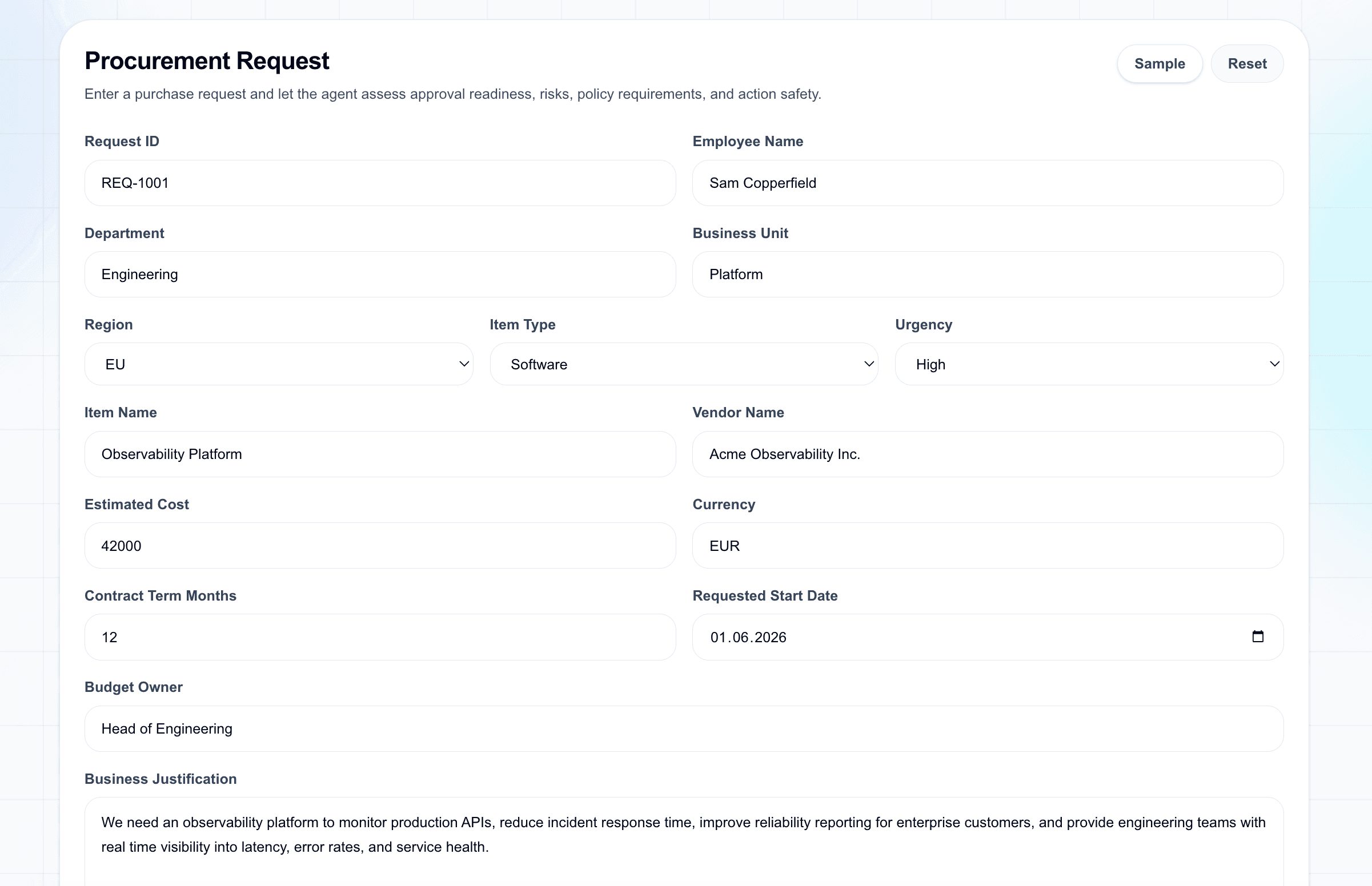 Procurement request form top section