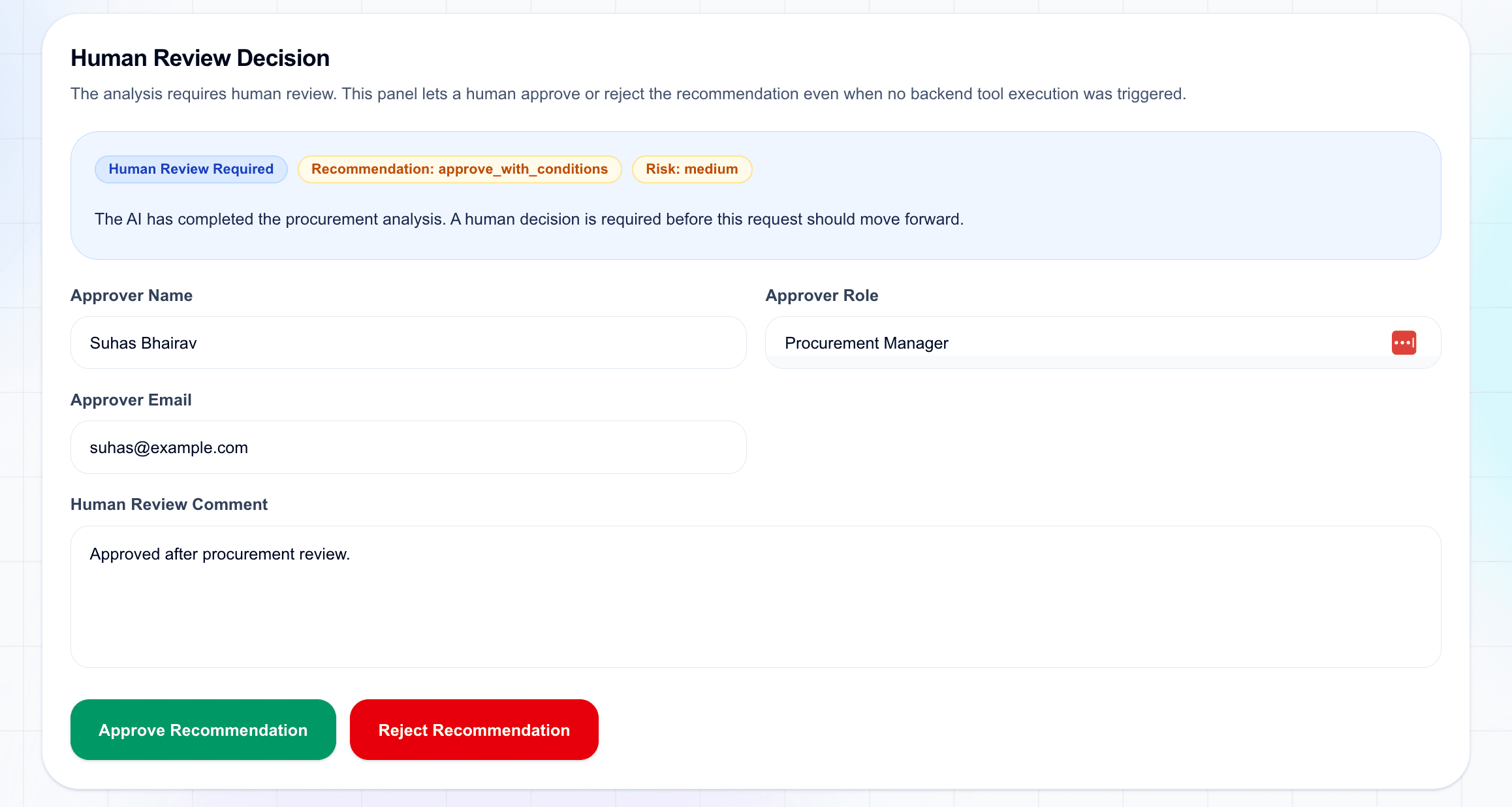 Human review decision panel for procurement approval agent