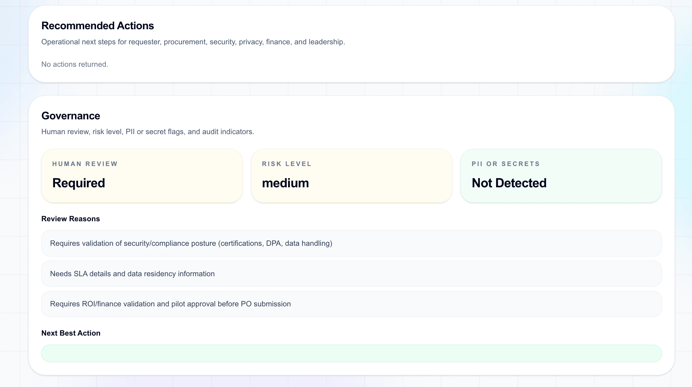 Governance checks showing human review required risk level and review reasons