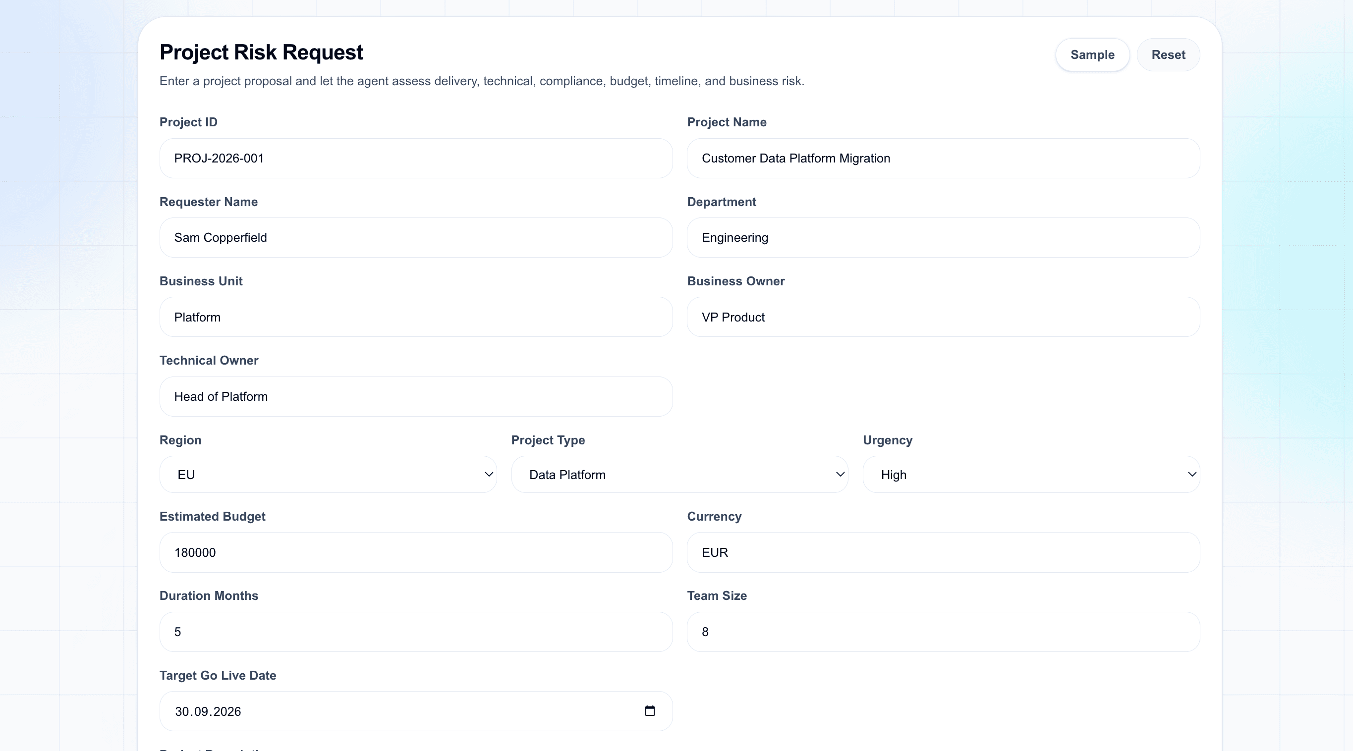 Project risk request form top section