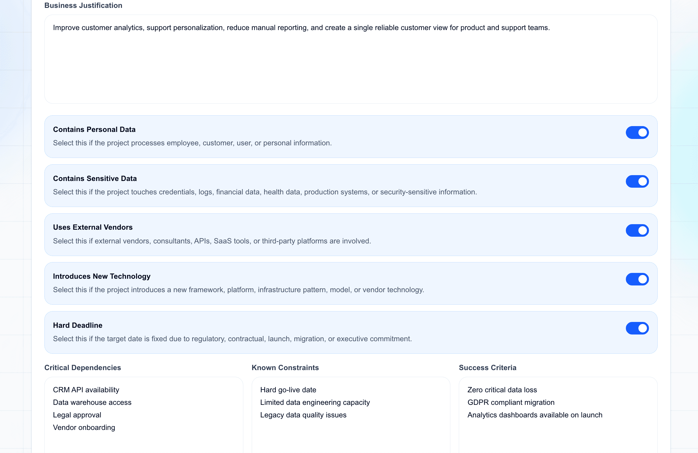 Project risk request form middle section with business justification and risk toggles