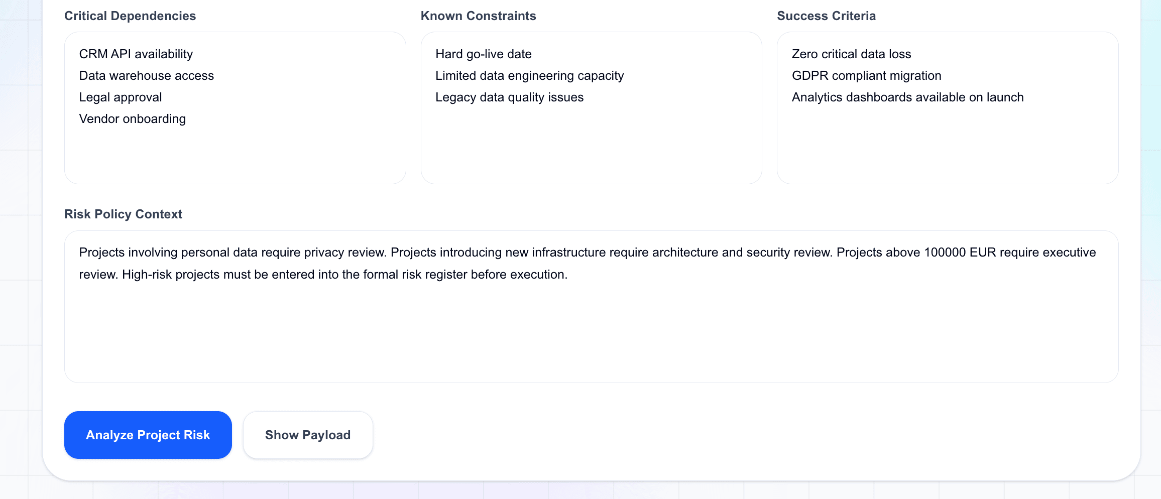 Project risk request form bottom section with dependencies constraints success criteria and policy context