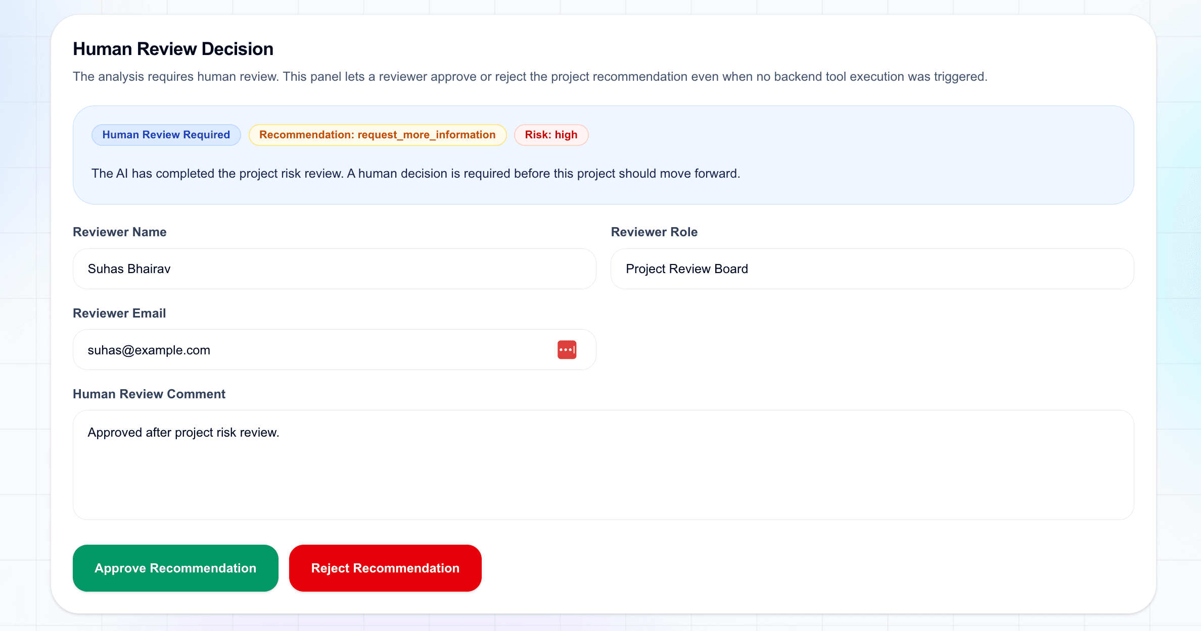 Human review decision panel for project risk review agent