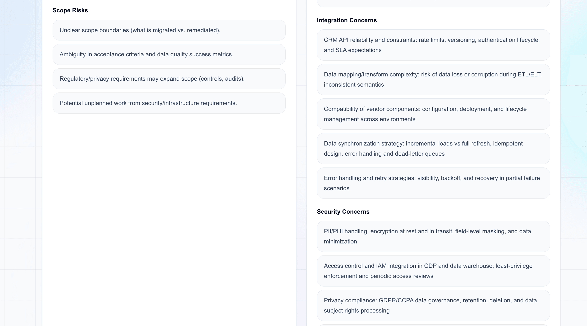 Technical risk continued section with integration and security concerns