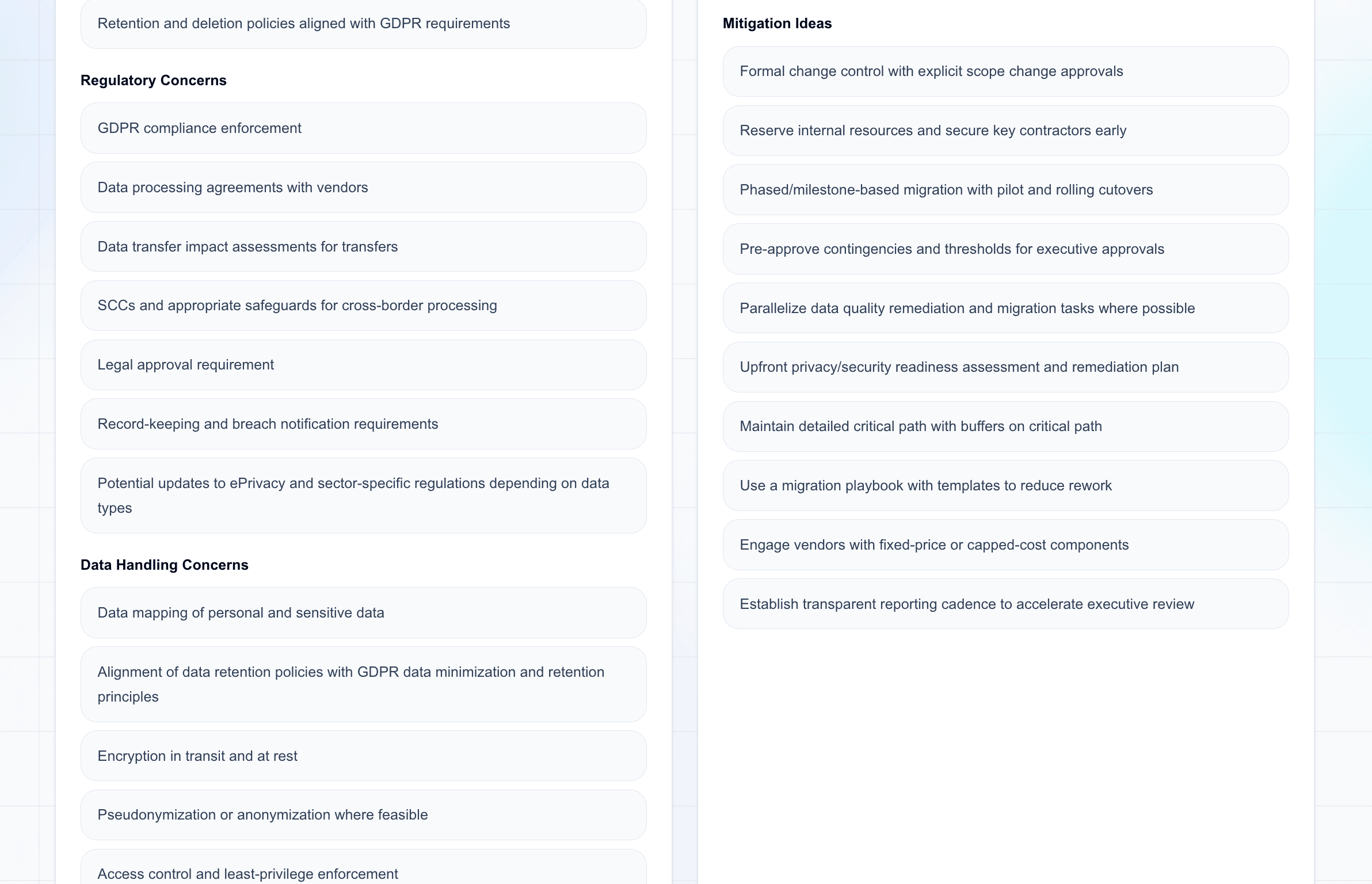 Compliance and budget timeline continued sections with regulatory concerns data handling concerns and mitigation ideas