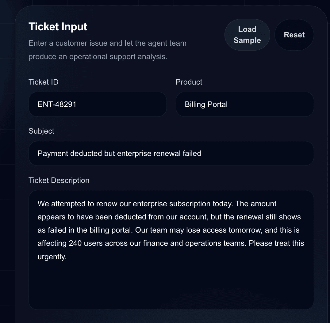 Ticket input form showing ticket ID product subject and customer issue description