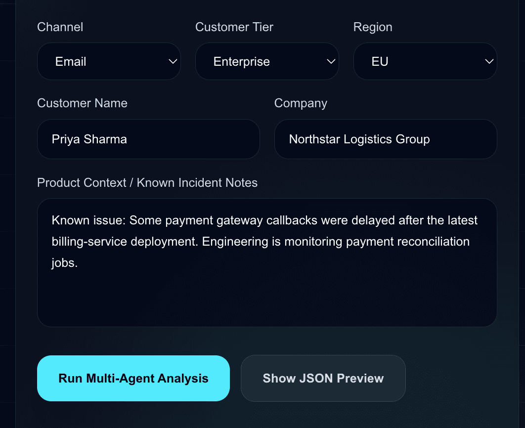 Ticket metadata form showing channel customer tier region company and product context