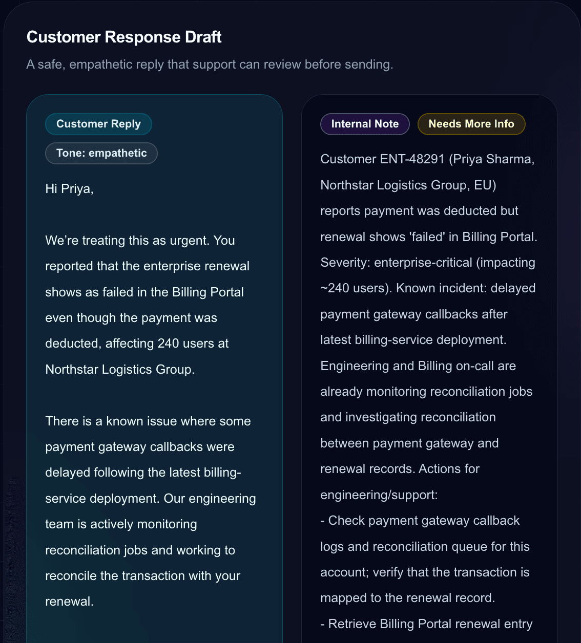 Customer response draft and internal support note generated by AI