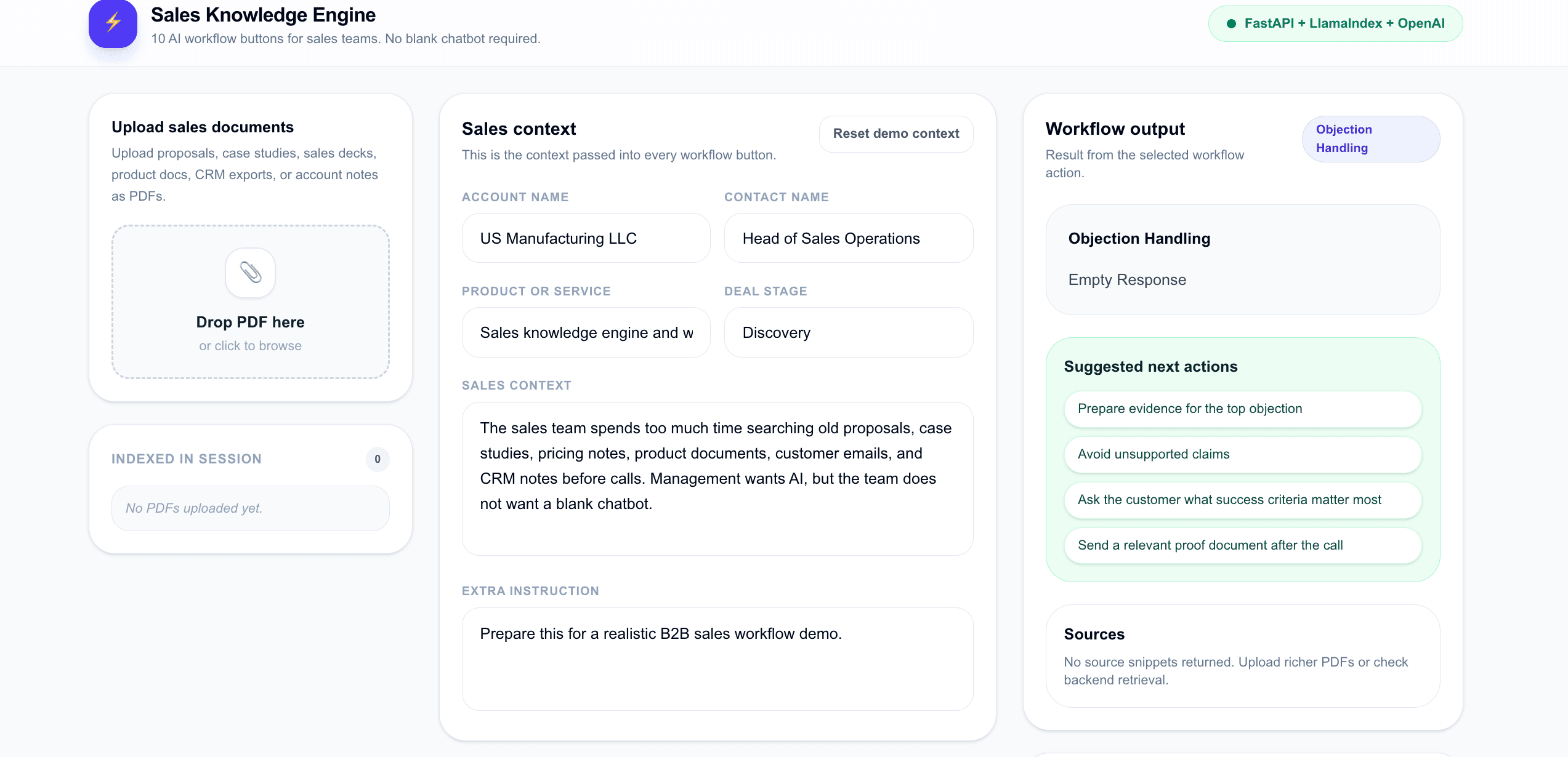 Sales Knowledge Engine with guided AI workflow buttons