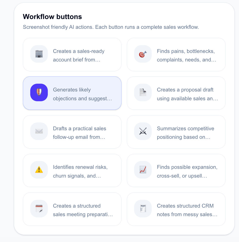 Sales Knowledge Engine workflow list showing account briefing, pain point finder, objection handling, proposal draft, follow-up email, competitor comparison, renewal risk, upsell opportunity finder, meeting preparation, and CRM note generation