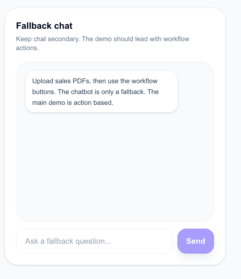 Sales Knowledge Engine chat panel showing fallback chat as a secondary interface after workflow buttons
