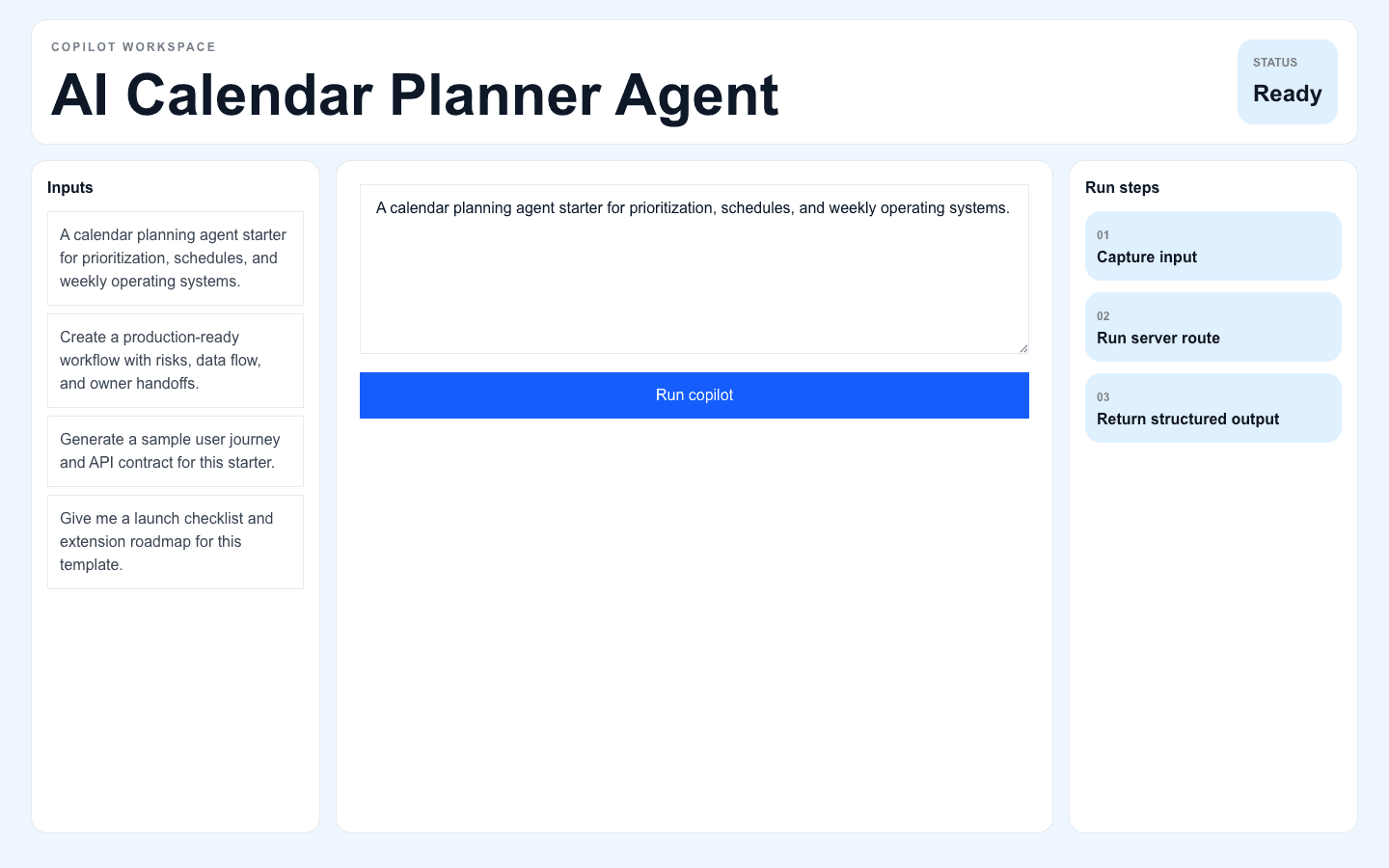 AI Calendar Planner Agent Next.js AI template interface
