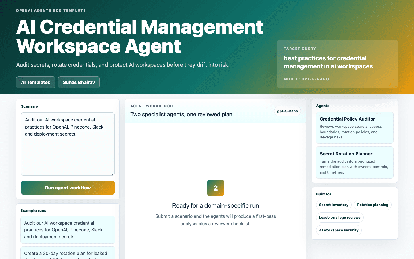 AI Credential Management Workspace Agent Next.js OpenAI Agents SDK template interface