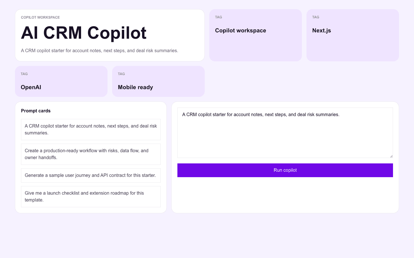 AI CRM Copilot Next.js AI template interface