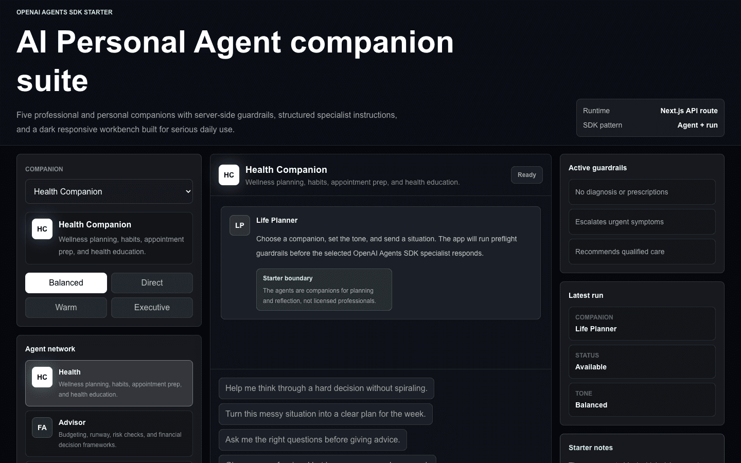 AI Personal Agent Next.js AI template interface