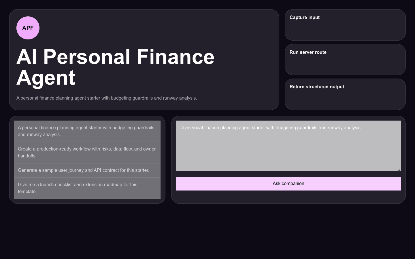 AI Personal Finance Agent Next.js AI template interface