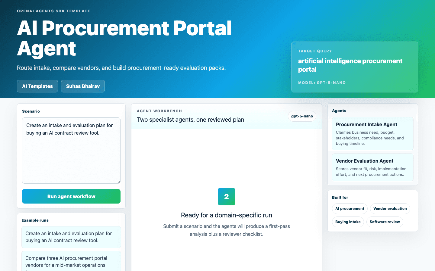AI Procurement Portal Agent Next.js OpenAI Agents SDK template interface