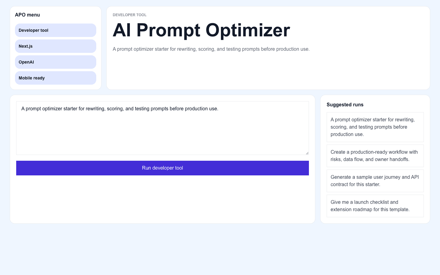 AI Prompt Optimizer Next.js AI template interface