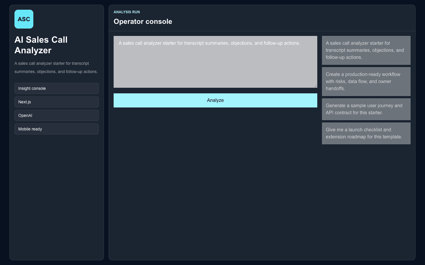 AI Sales Call Analyzer Next.js AI template interface