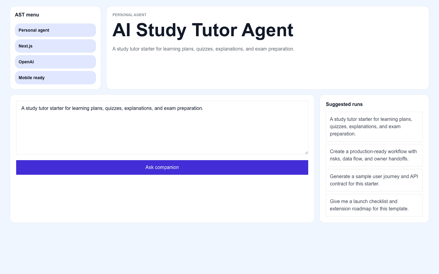 AI Study Tutor Agent Next.js AI template interface