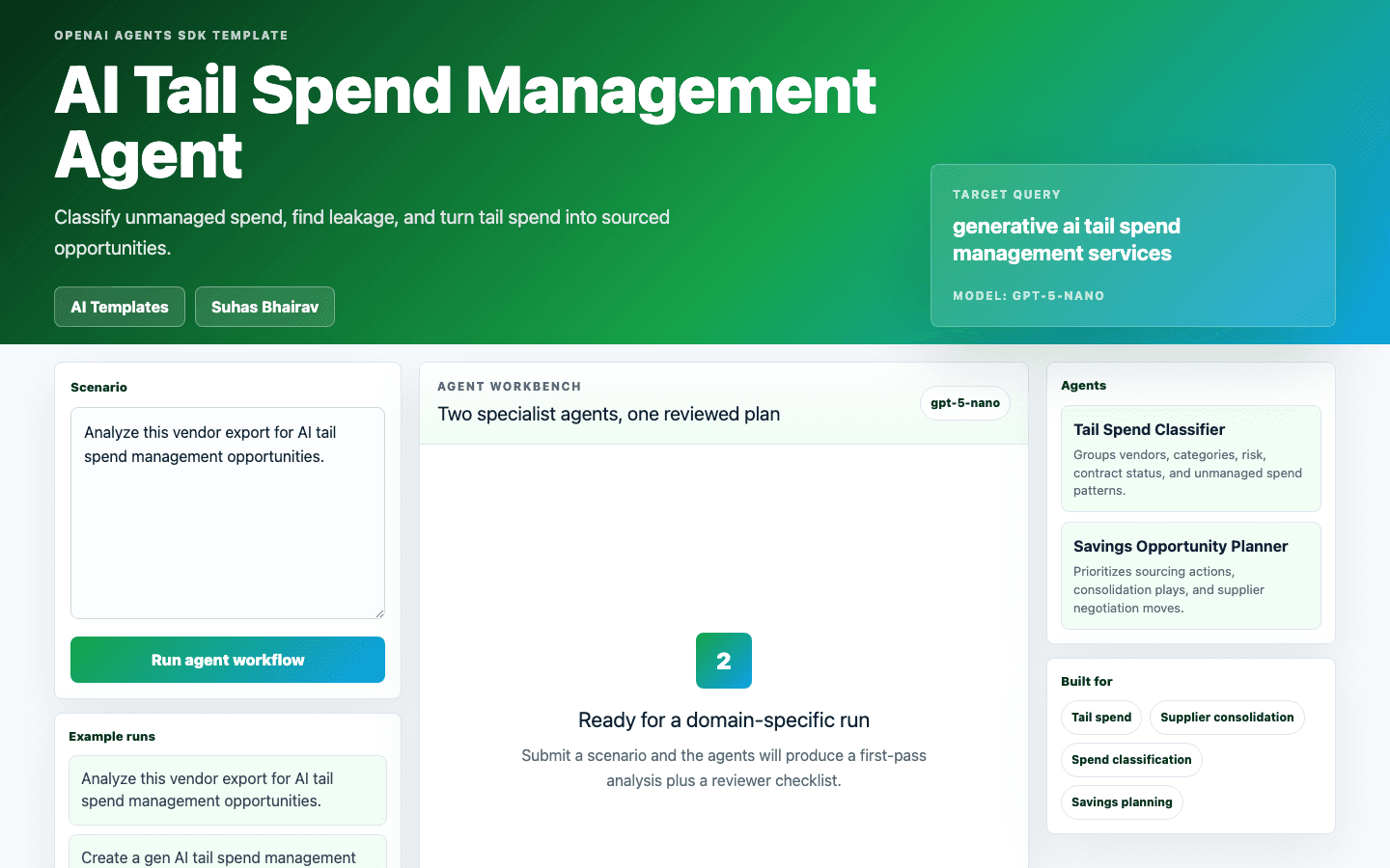 AI Tail Spend Management Agent Next.js OpenAI Agents SDK template interface