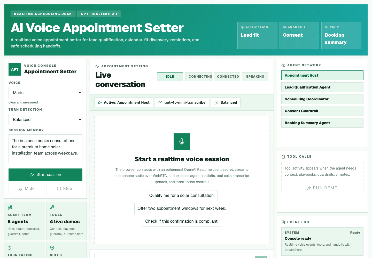 AI Voice Appointment Setter template interface with scheduling workflow controls
