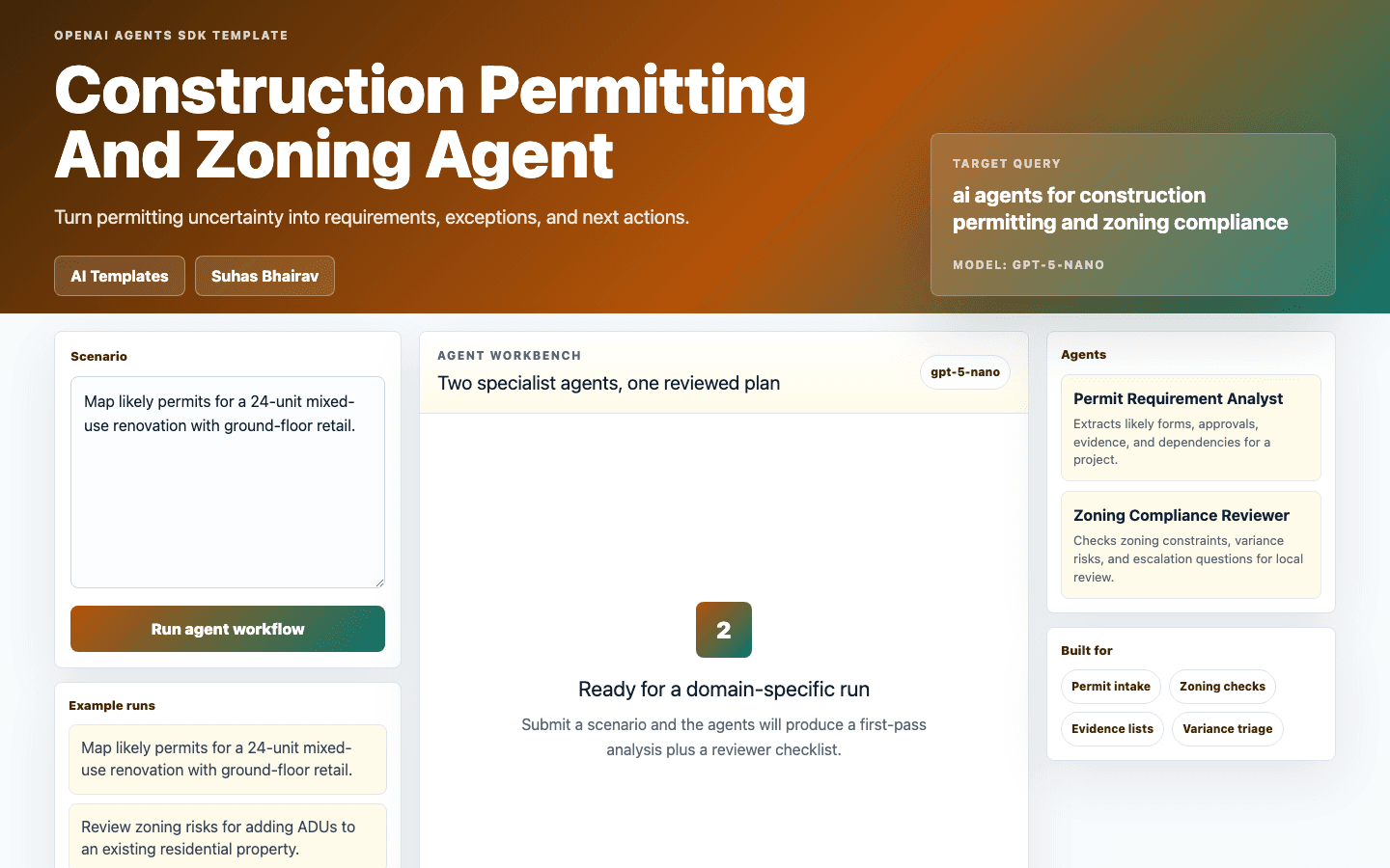 Construction Permitting And Zoning Agent Next.js OpenAI Agents SDK template interface