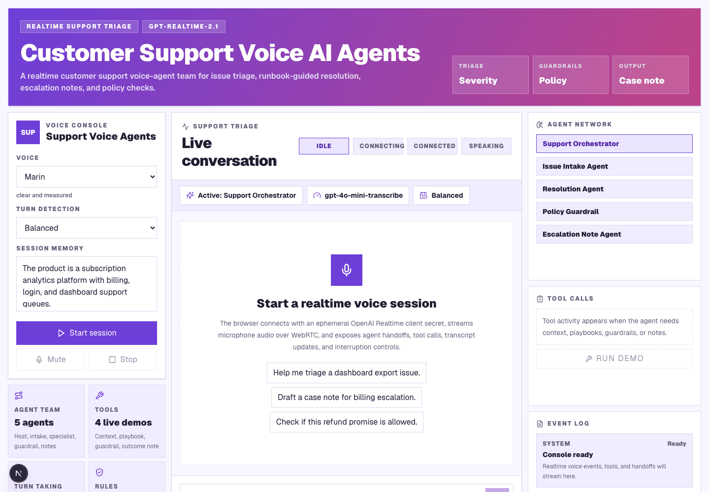 Customer Support Voice AI Agents template interface with support triage controls