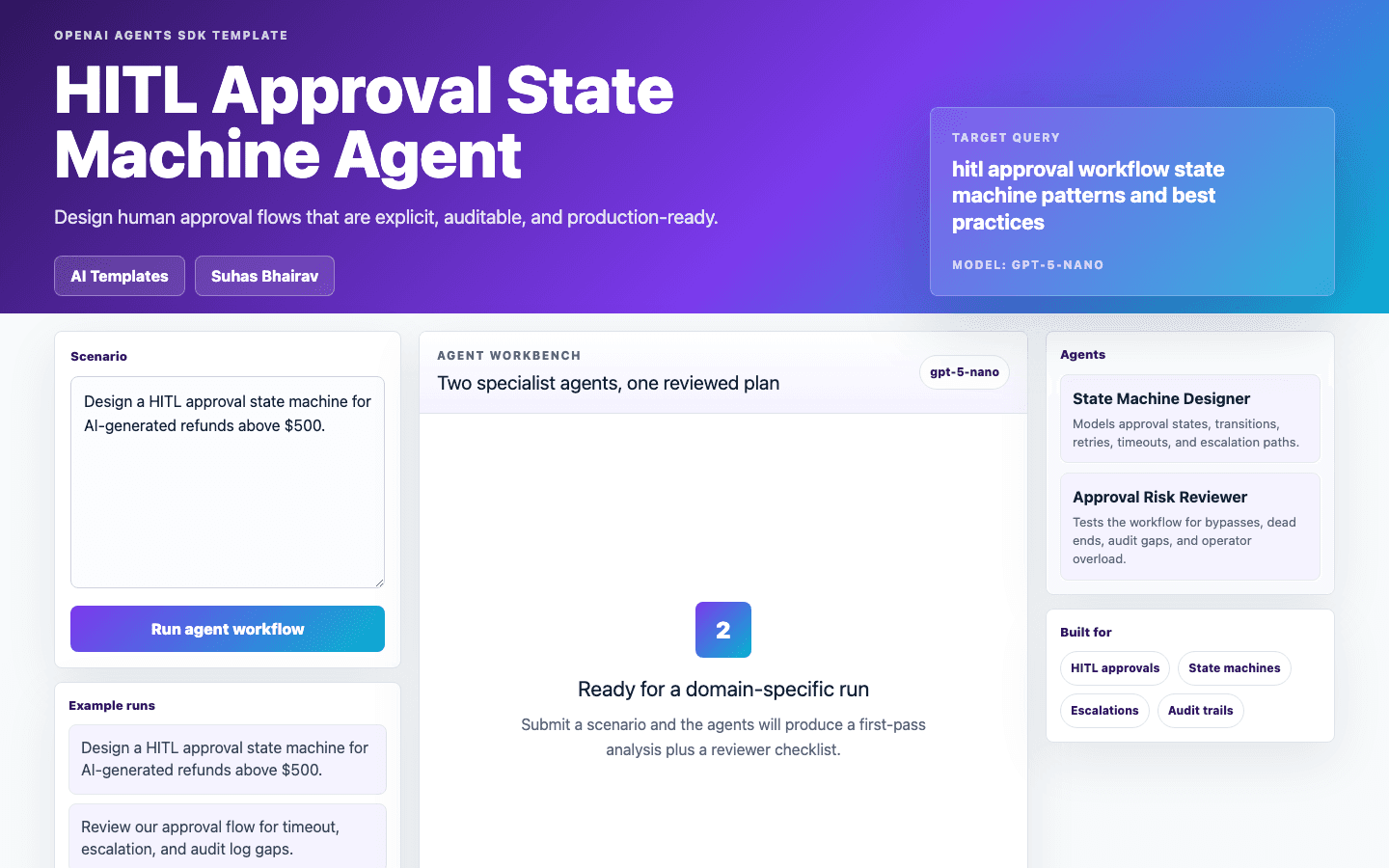 HITL Approval State Machine Agent Next.js OpenAI Agents SDK template interface