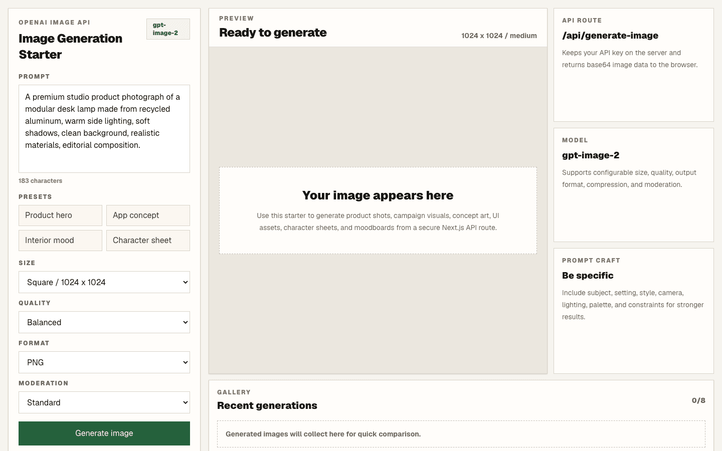 Image Generation Starter Next.js AI template interface