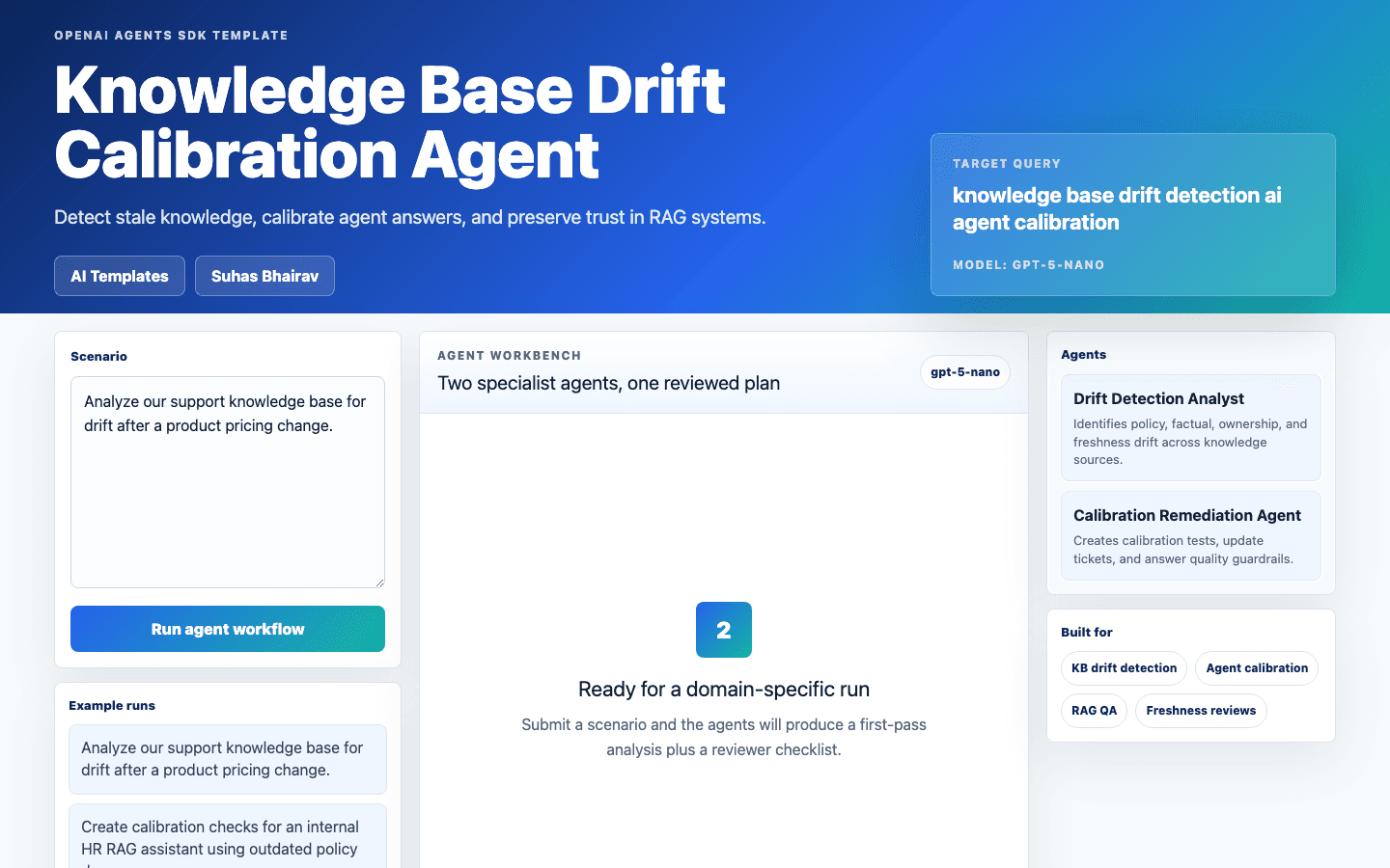Knowledge Base Drift Calibration Agent Next.js OpenAI Agents SDK template interface