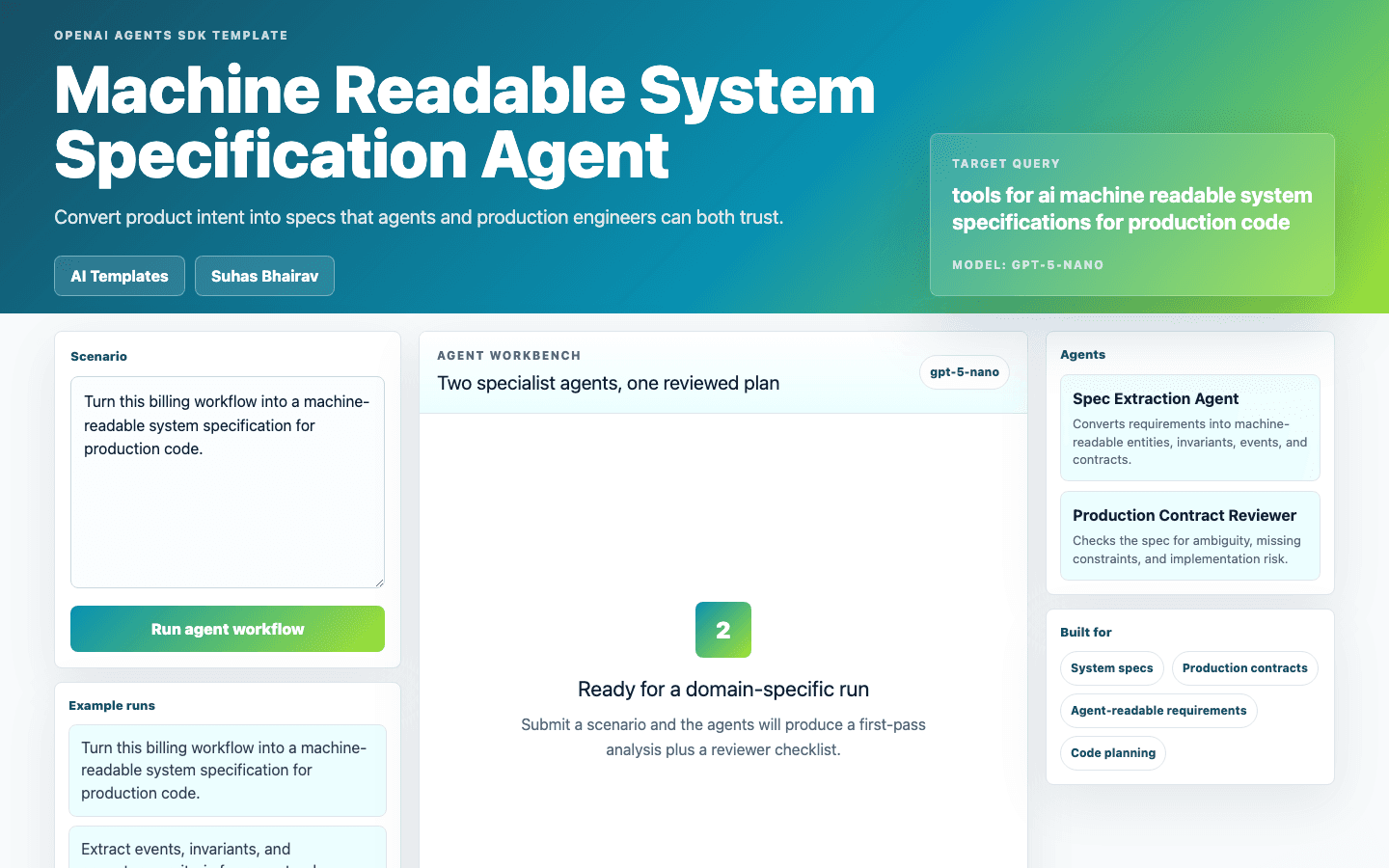 Machine Readable System Specification Agent Next.js OpenAI Agents SDK template interface