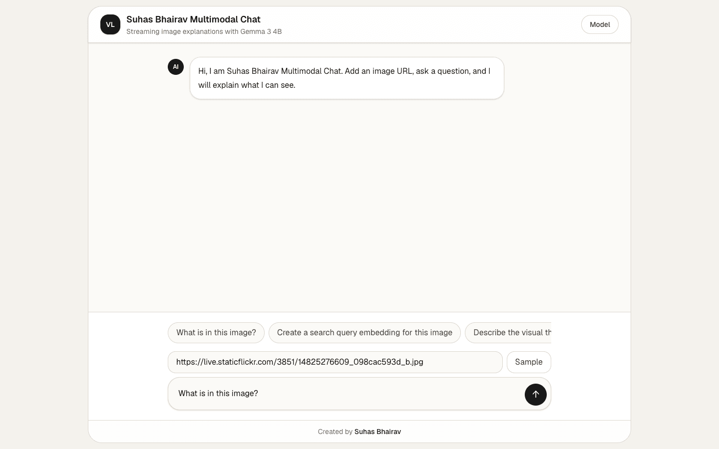 Suhas Bhairav Multimodal Chat Next.js image chatbot template interface