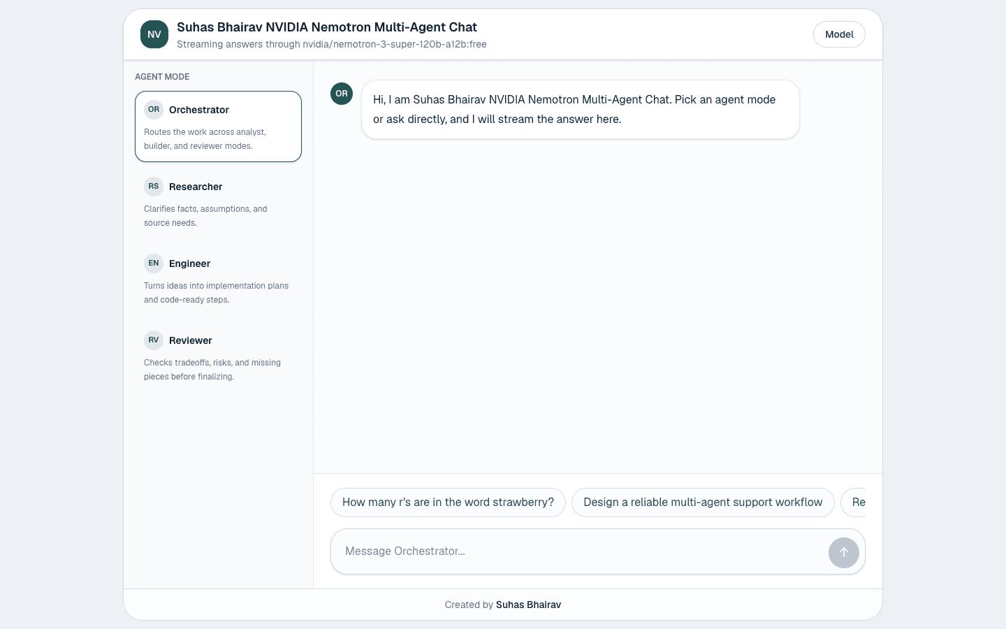 NVIDIA Nemotron Multi-Agent Chatbot Next.js streaming AI template interface