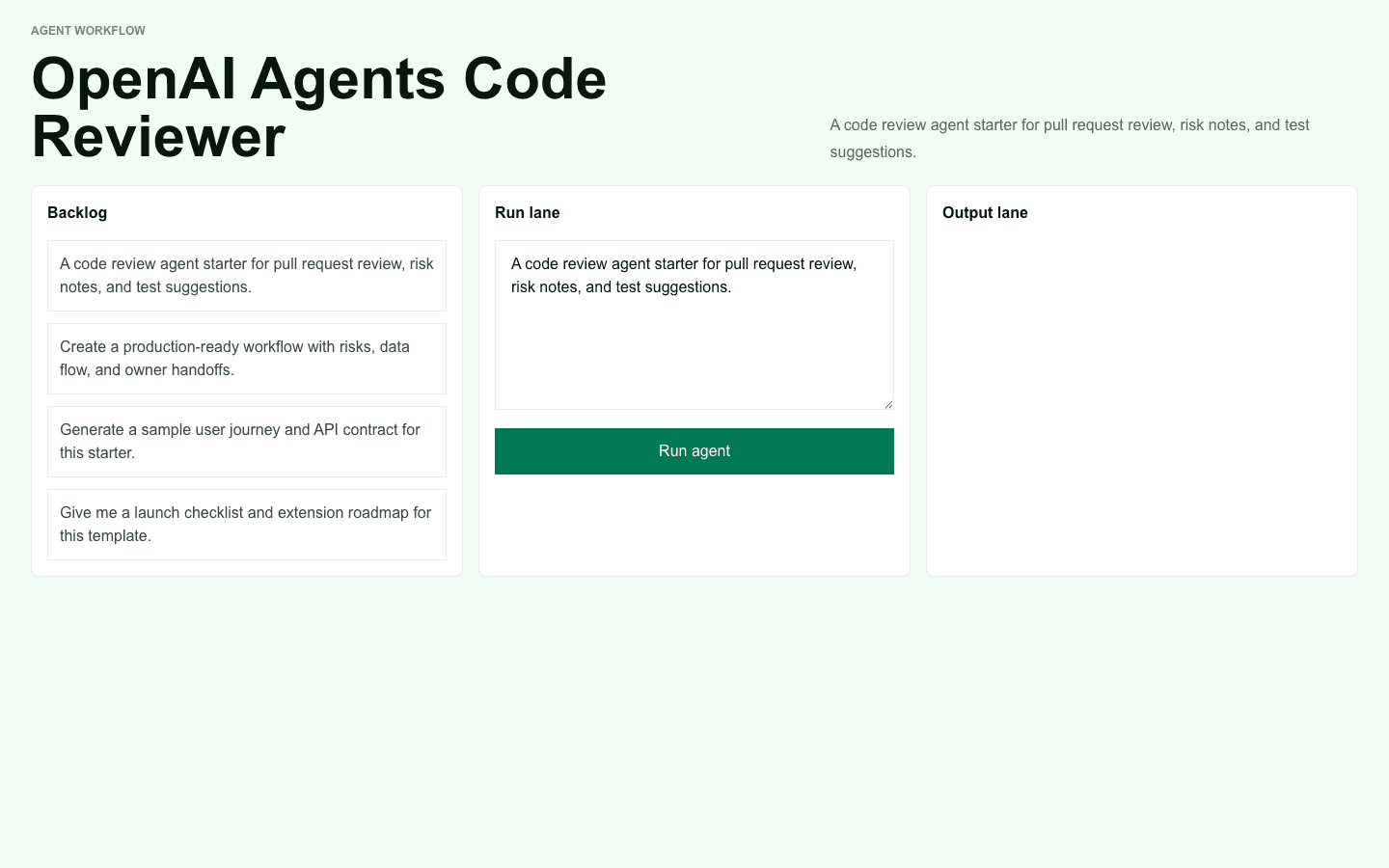 OpenAI Agents Code Reviewer Next.js AI template interface