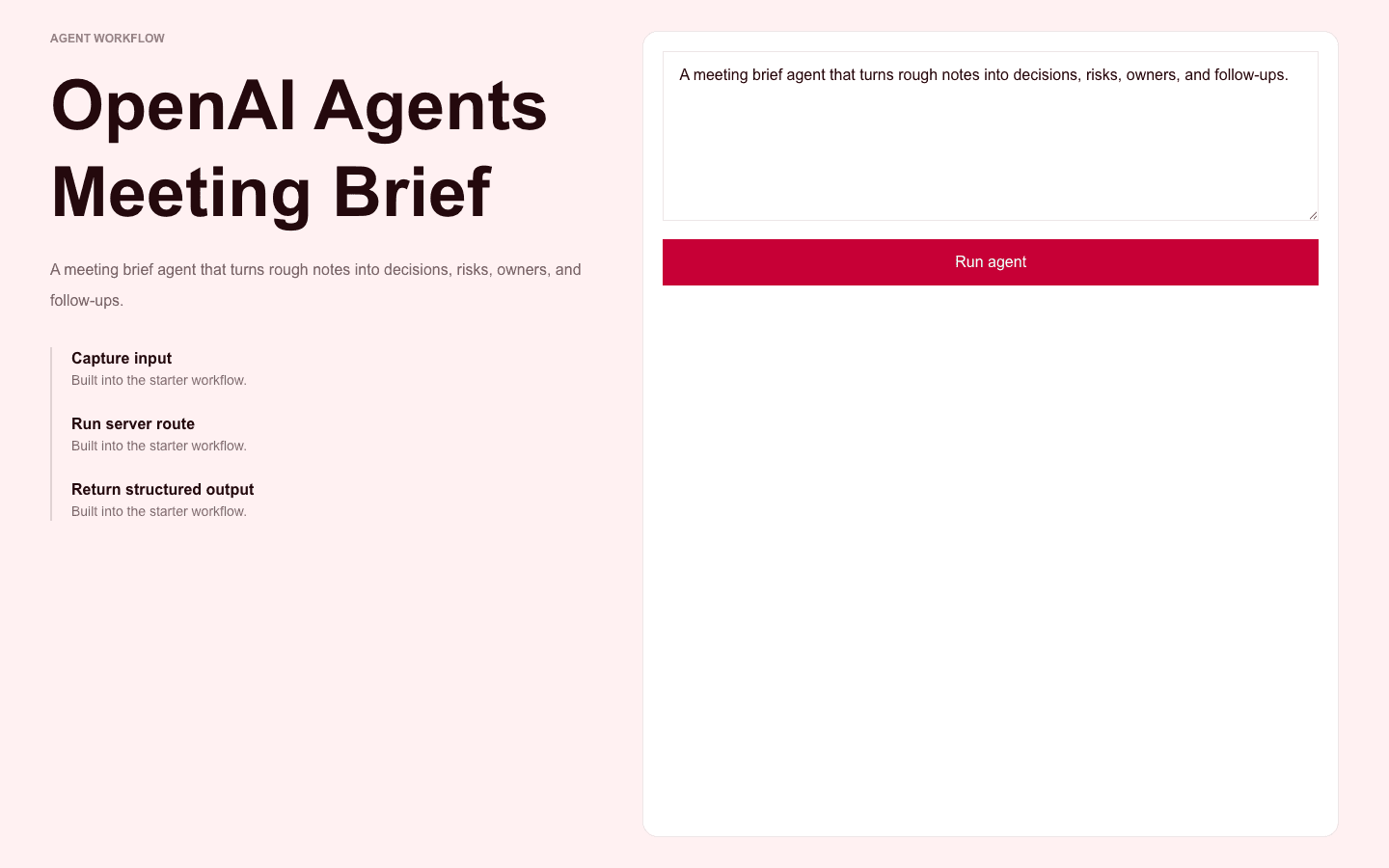 OpenAI Agents Meeting Brief Next.js AI template interface