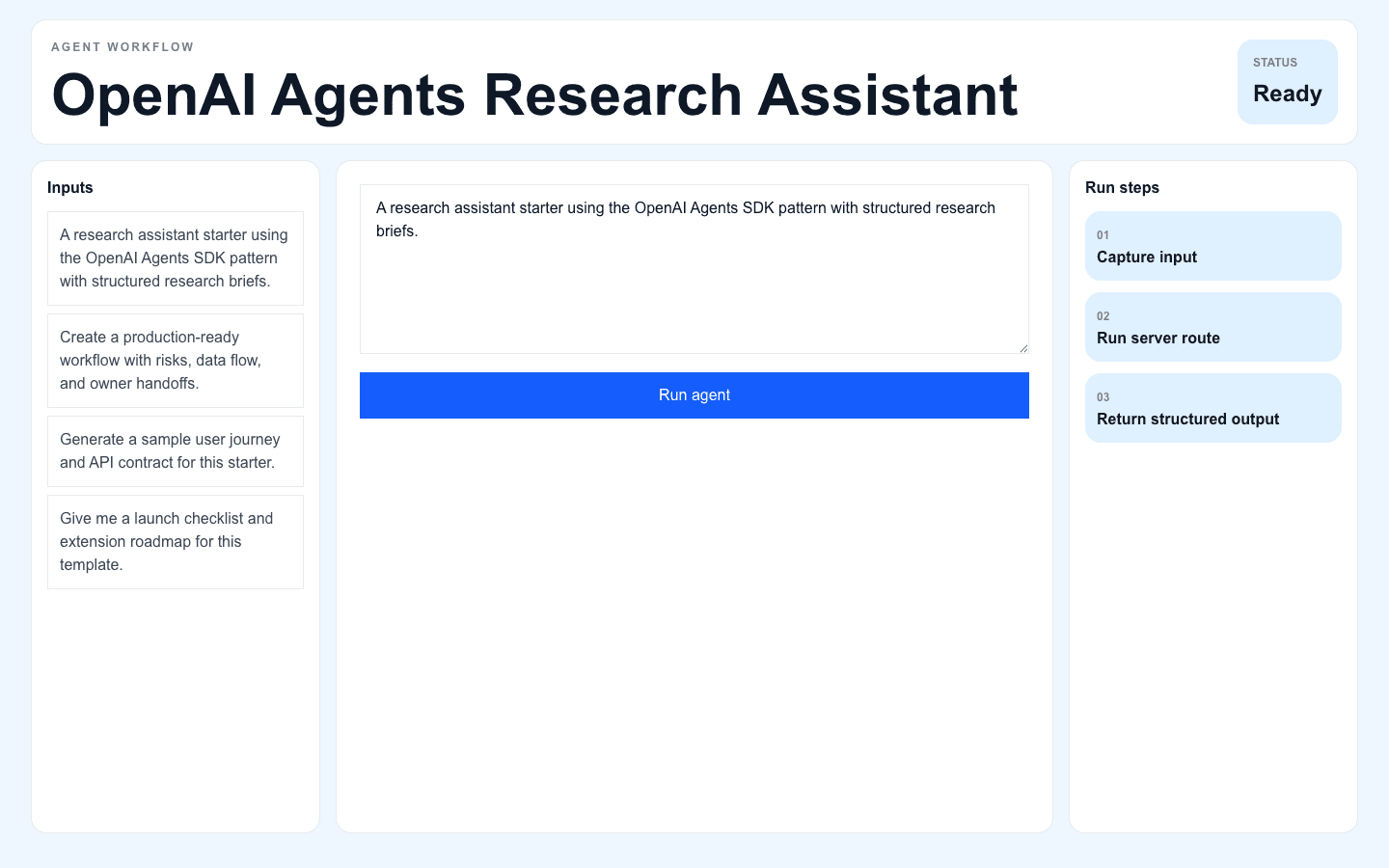 OpenAI Agents Research Assistant Next.js AI template interface