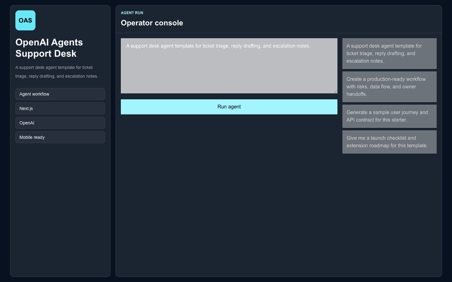 OpenAI Agents Support Desk Next.js AI template interface