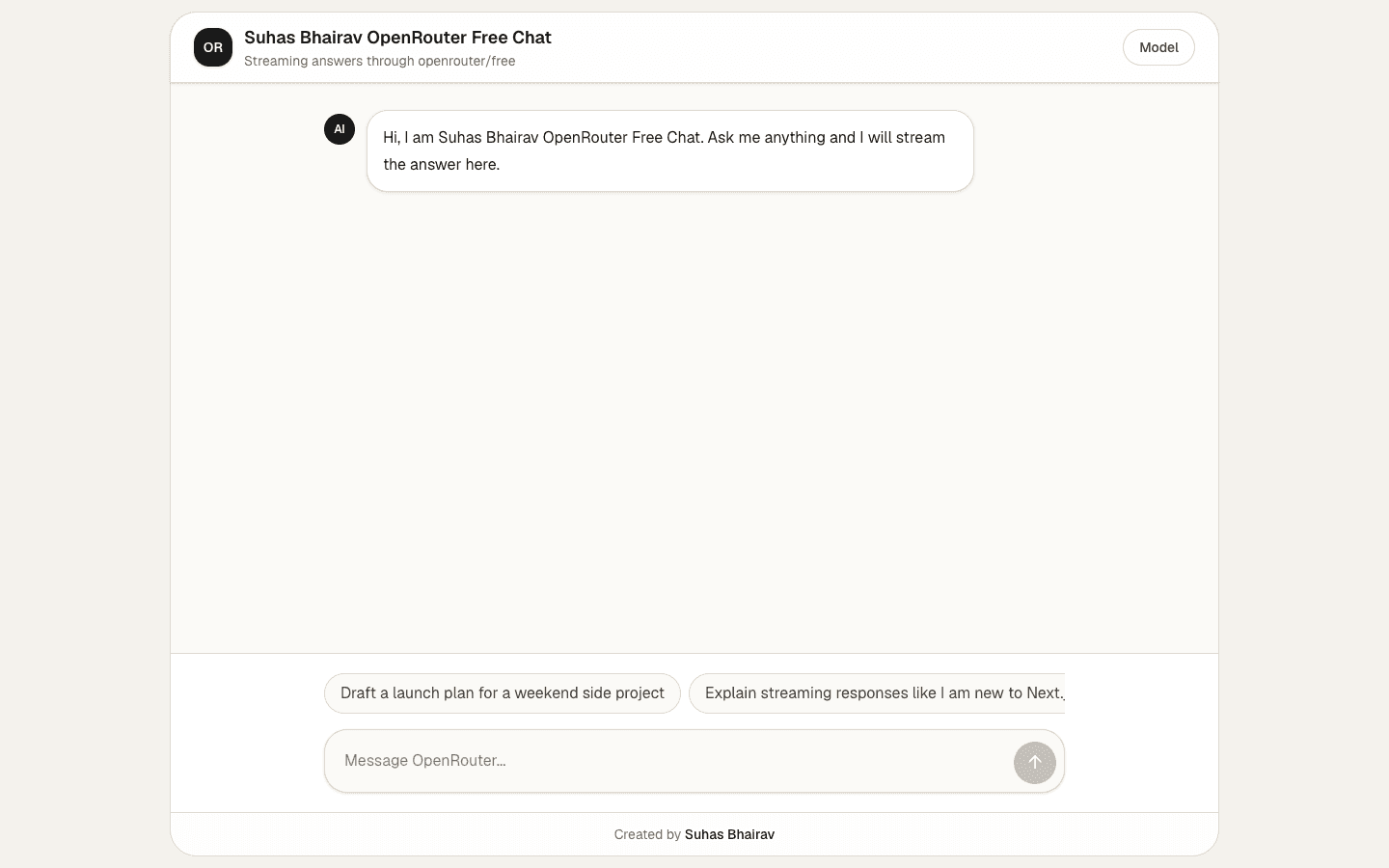 OpenRouter Free Chatbot Next.js streaming AI template interface