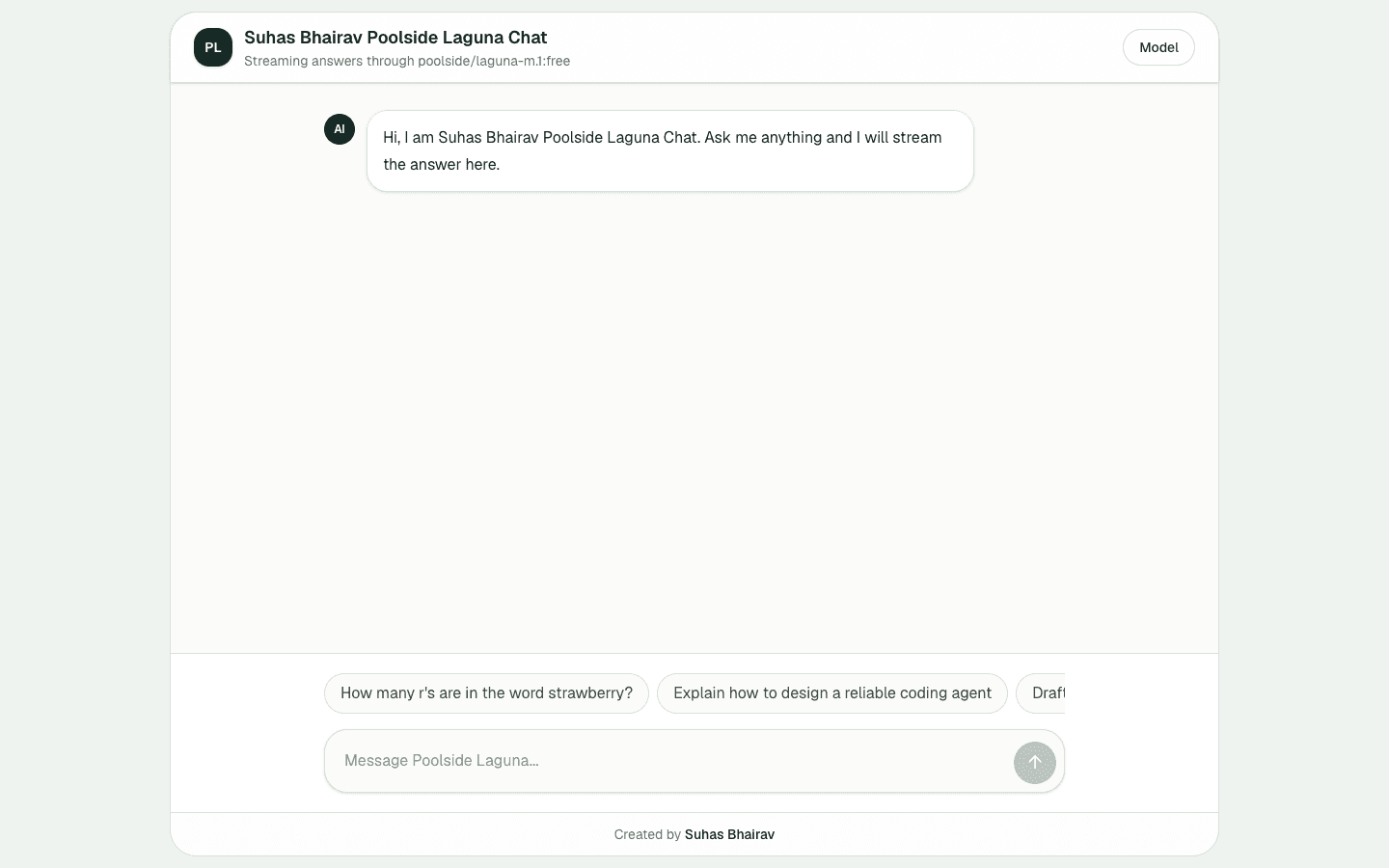 Poolside Laguna Chatbot Next.js streaming AI template interface