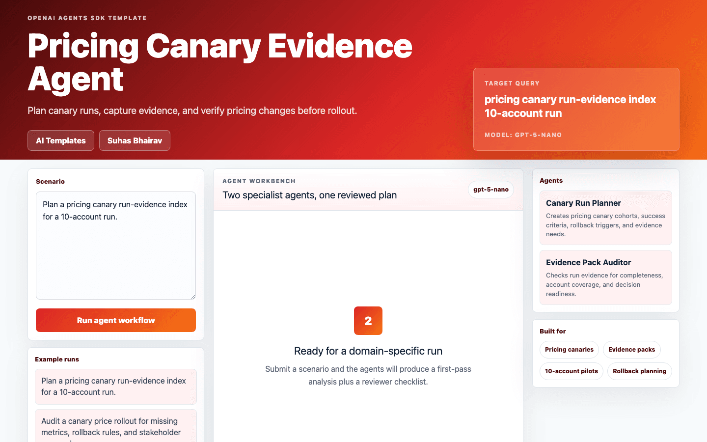 Pricing Canary Evidence Agent Next.js OpenAI Agents SDK template interface
