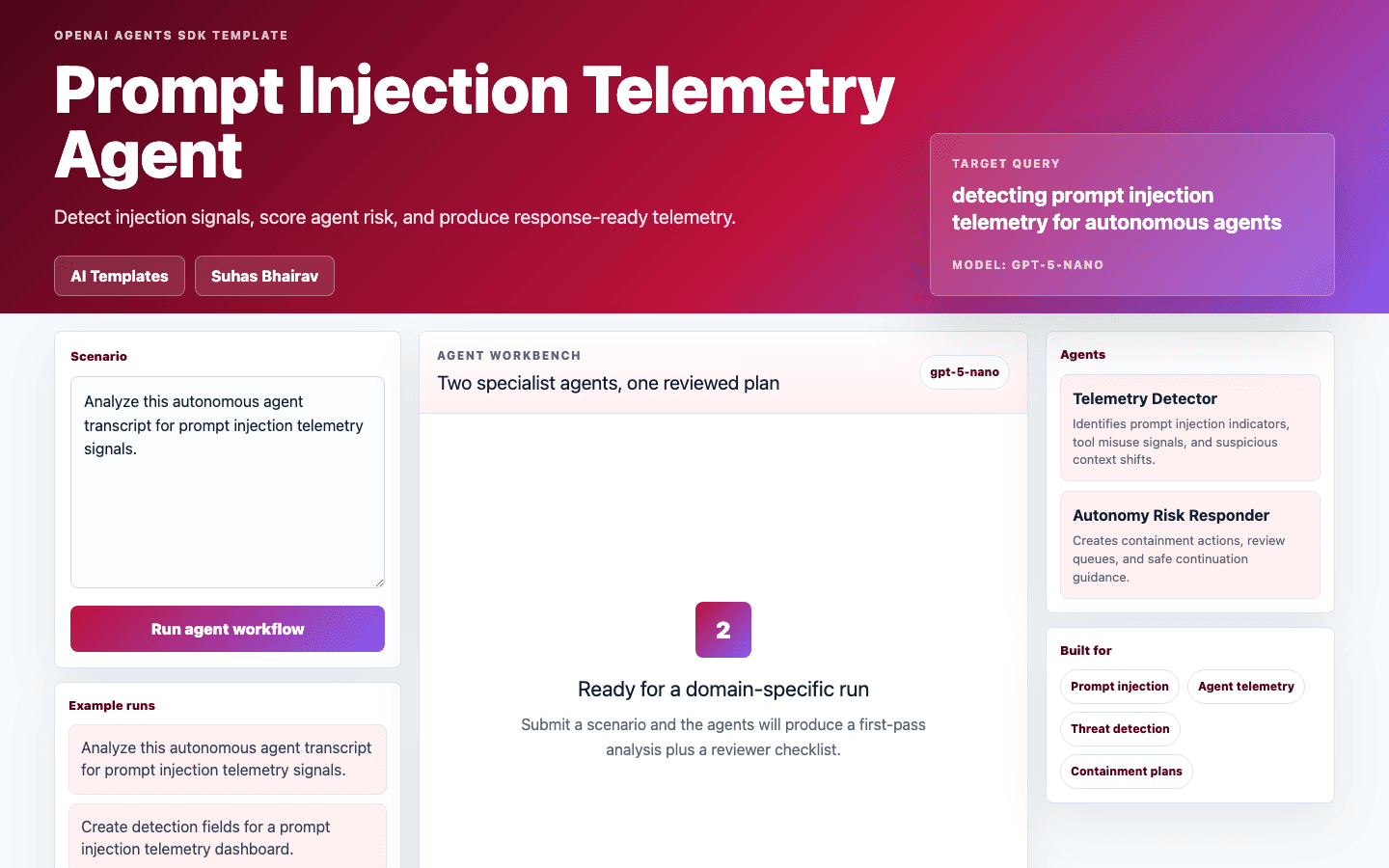 Prompt Injection Telemetry Agent Next.js OpenAI Agents SDK template interface