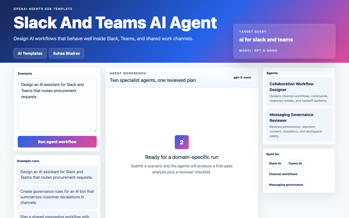 Slack And Teams AI Agent Next.js OpenAI Agents SDK template interface