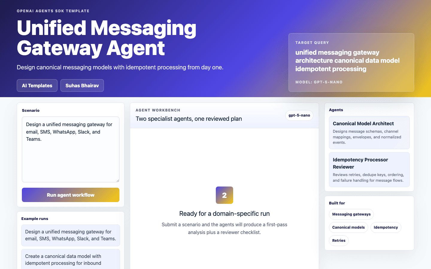 Unified Messaging Gateway Agent Next.js OpenAI Agents SDK template interface