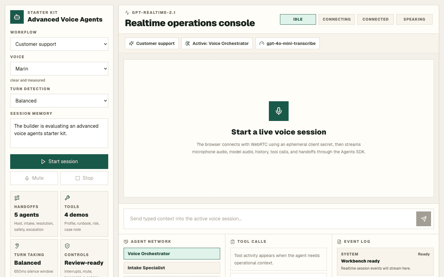 Voice AI Agents Advanced Next.js AI template interface