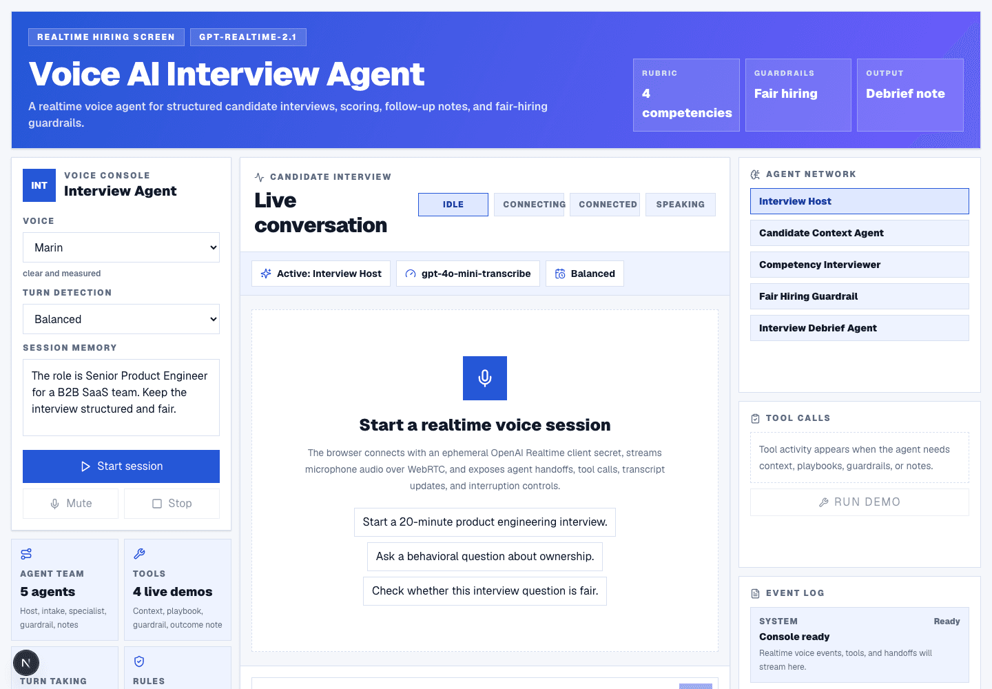 Voice AI Interview Agent template interface with hiring workflow controls