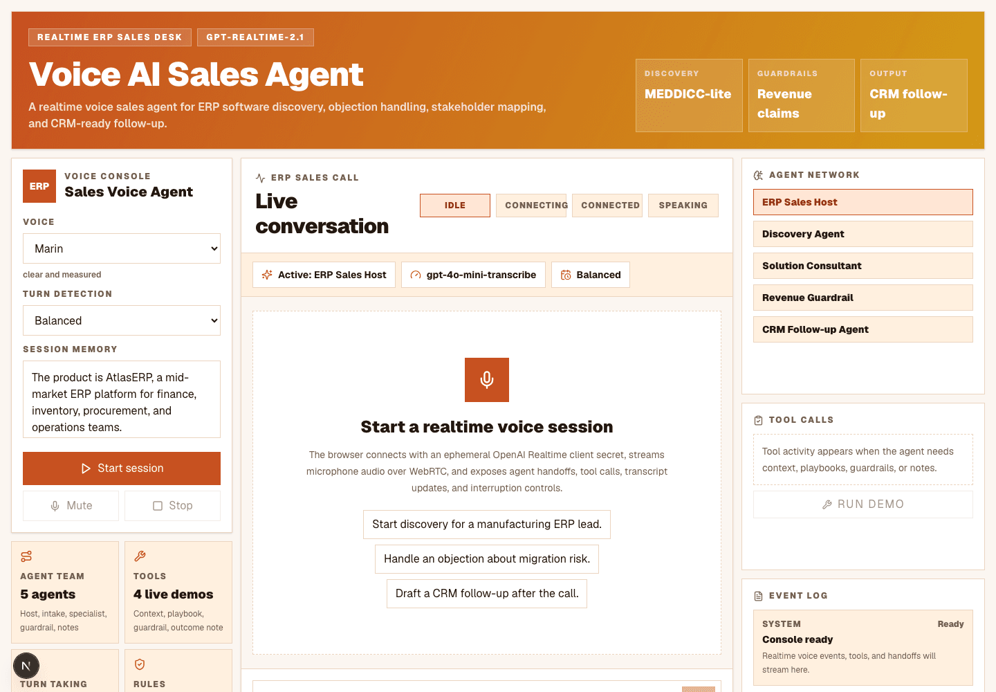 Voice AI Sales Agent template interface with ERP sales workflow controls
